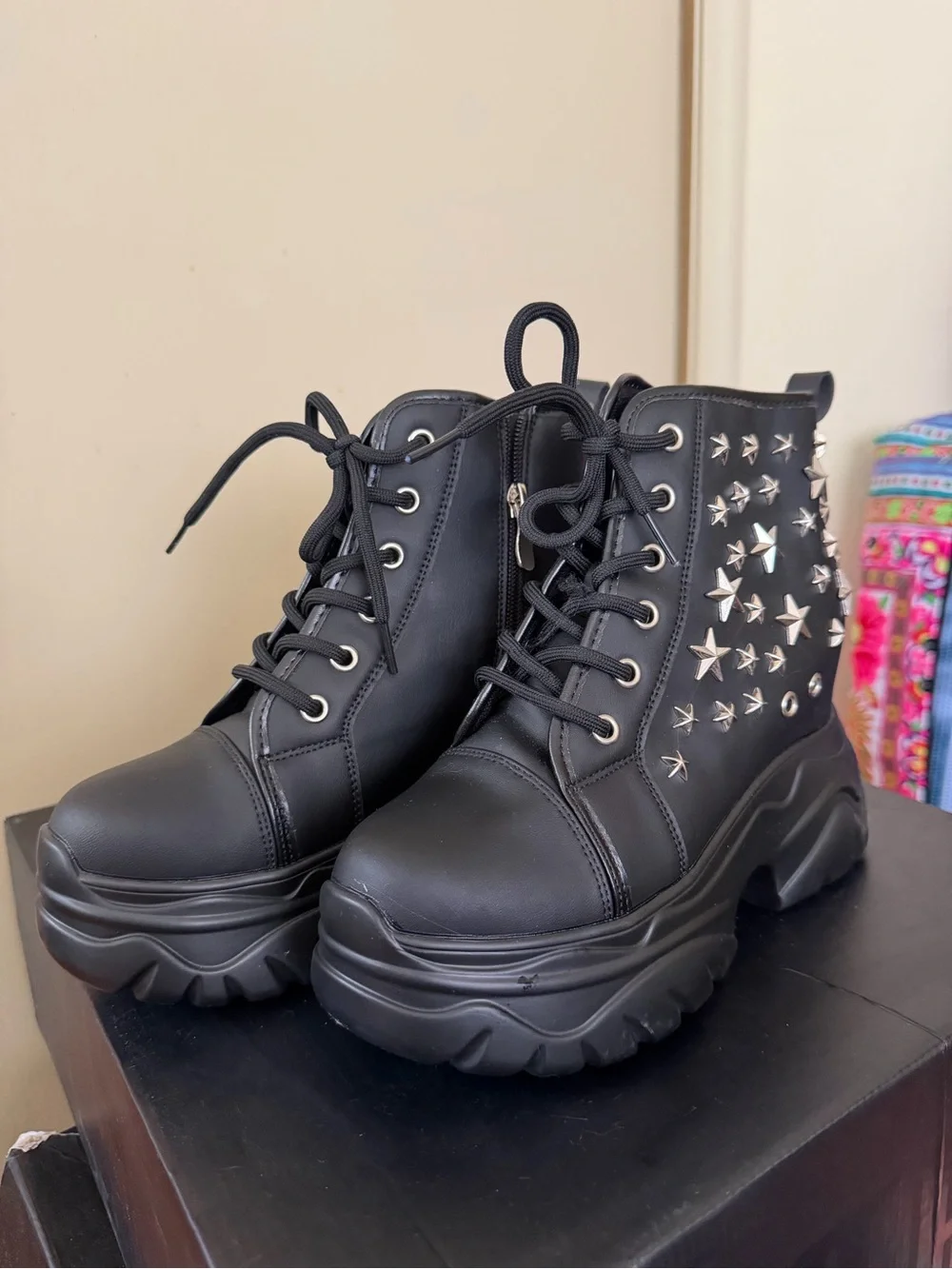 Dolls Kill Black Star-Studded Platform Lace-Up Boots
